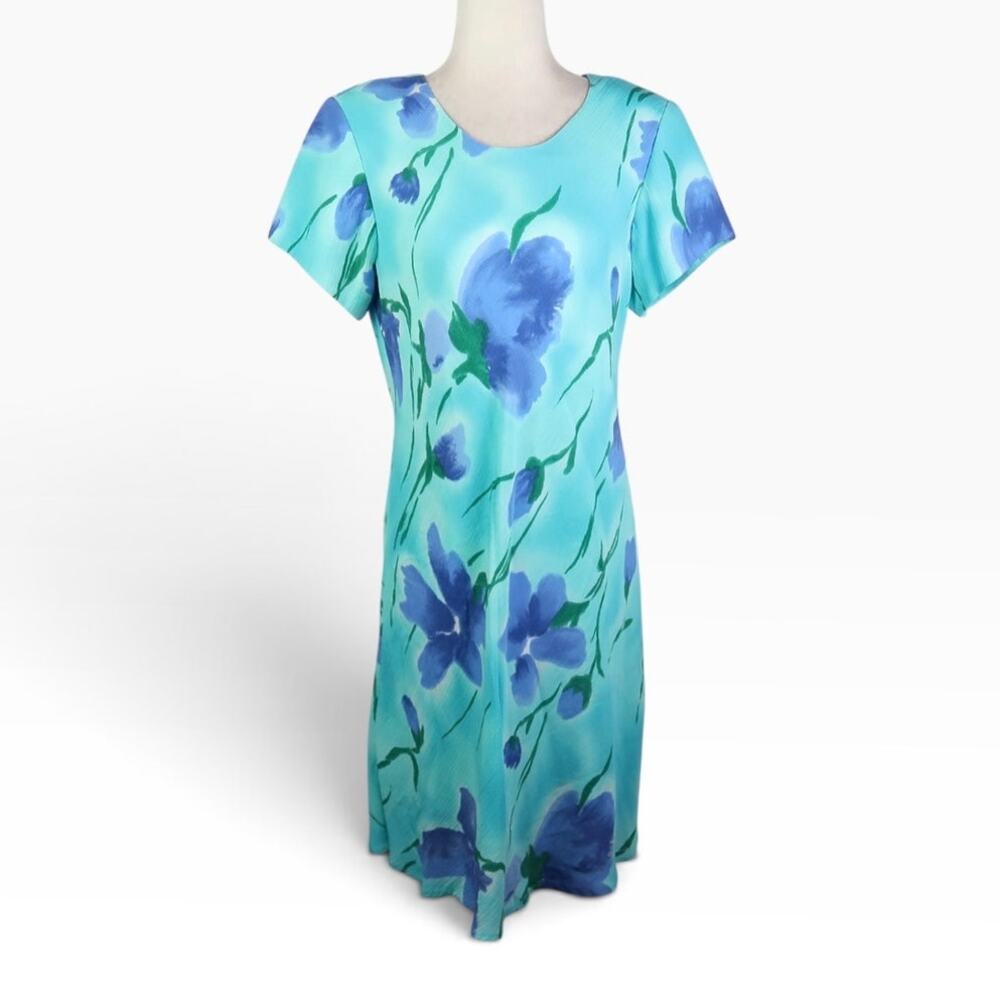 Vintage 90s Jeffrey & Dara Aqua Blue Watercolor Floral Knee Length Dress 10